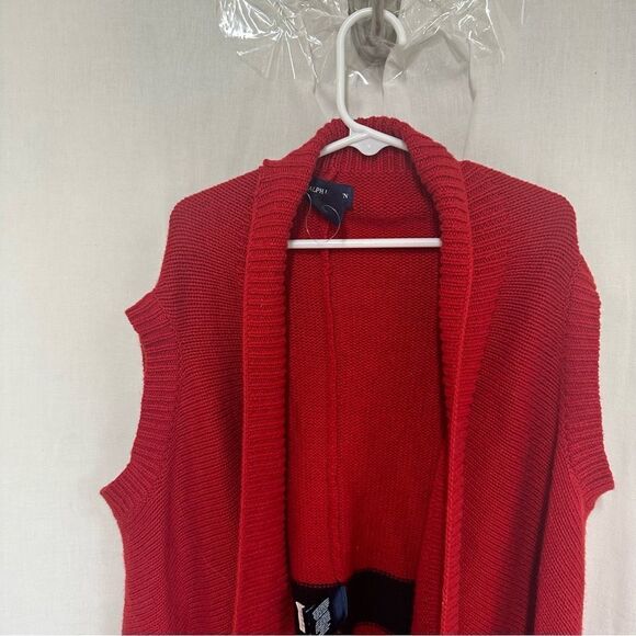 Ralph Lauren Kids Red Blue long Cut Asymmetrical Knit Sleeves Sweater Vest 8-10 - Picture 5 of 11